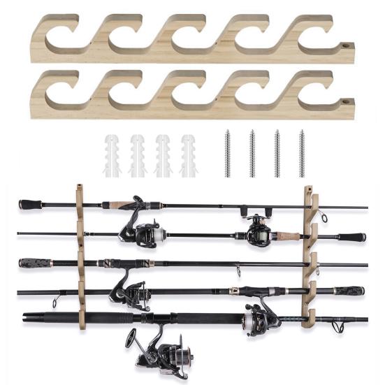 2шт настенный держатель для удочки 5 слотов прочный деревянный горизонтальный