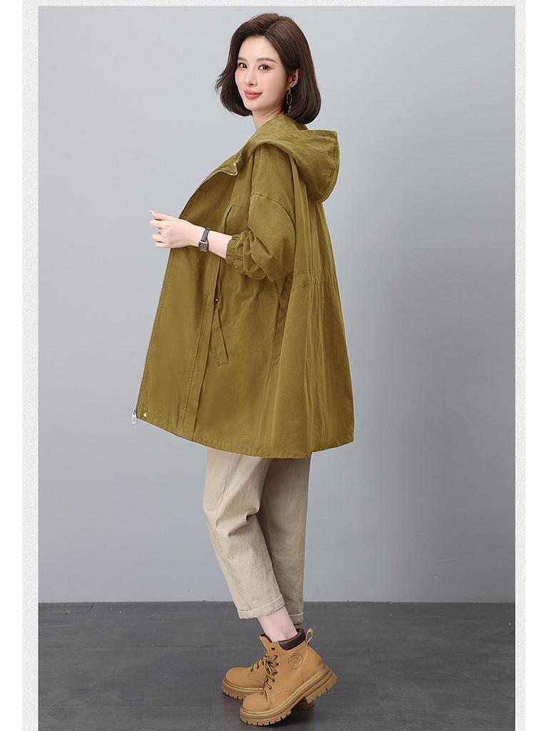 Women's Mid-Length Hooded Trench Coat, Spring/Autumn 2024: Pure Cotton, Long-Sleeve, Casual Workwear, Slimming Plus Size.