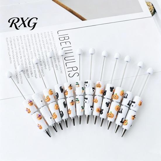 Pumpkin Shaped Ballpoint Pens Halloween Rhinestone Beadable Pen, DIY Sparkly Cat Ghost Plastic Beaded Spooky Stationery Glitter Black Ink Pen