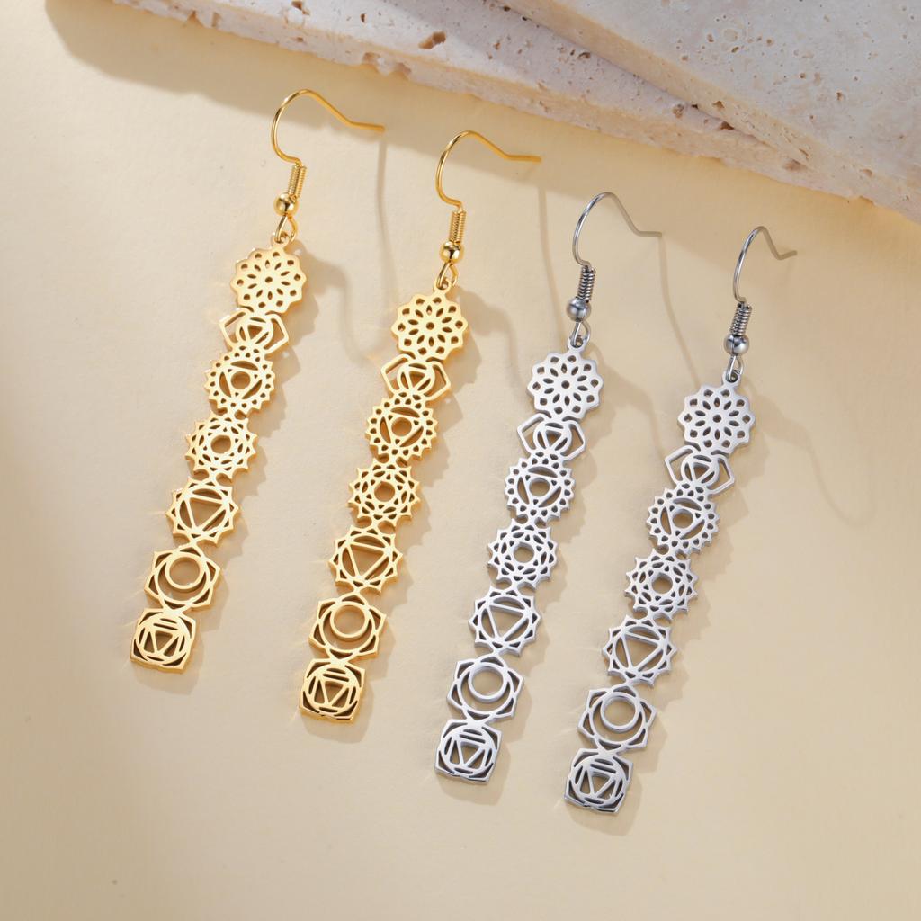 COOLTIME7 Chakra Dangle Earrings for Women Stainless Steel Gold Color Long Earrings Yoga Meditation Amulet Jewelry
