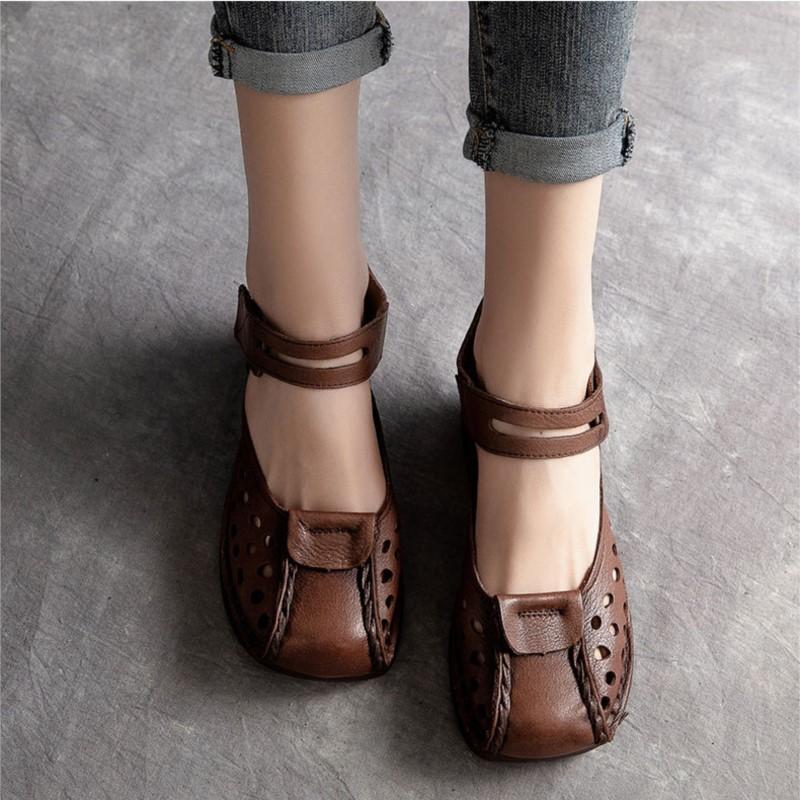 Johnature Versatile Genuine Leather Hollow-out Sandals Retro Hook & Loop Comfortable Women's Wedges Shoes