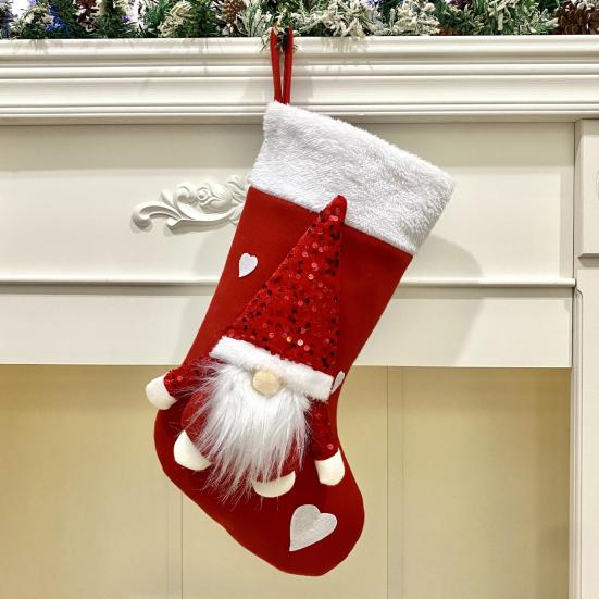 Christmas Stocking Sequins Satan Claus Heart Decor Hanging Stocking with Lanyard Xmas Party Decorative Bag