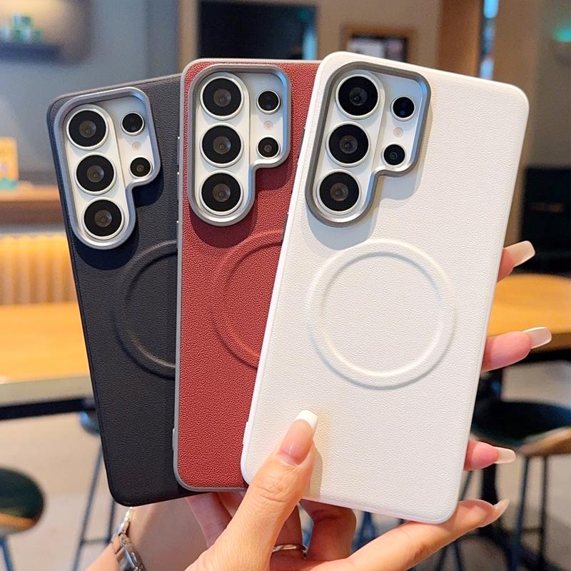 Plain For Samsung Galaxy S26 Ultra S25 Edge Plus Case Magnetic Wireless Charger Shell Shockproof Protective Leather Back Cover
