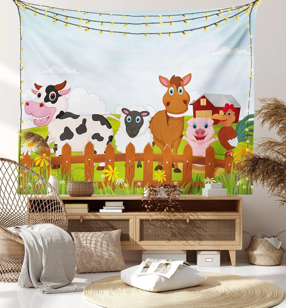 Cartoon Farm Animal Tapestry Wall Hanging Cute Milk Cow Dog Pig Tapestries for Child Girl Teen Bedroom Living Room Dorm Decor