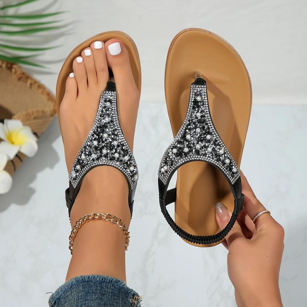 Women Sandals 2024 New Summer Clip Toe Bohemian Style Fashion Mix Color Pearl Rome Sandals Women Flats with Non-Slip Beach Shoes