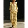 Summer new green bottom plant branches and leaves printing V-neck diagonal shirt wide-leg pants two-piece set women's casual cover