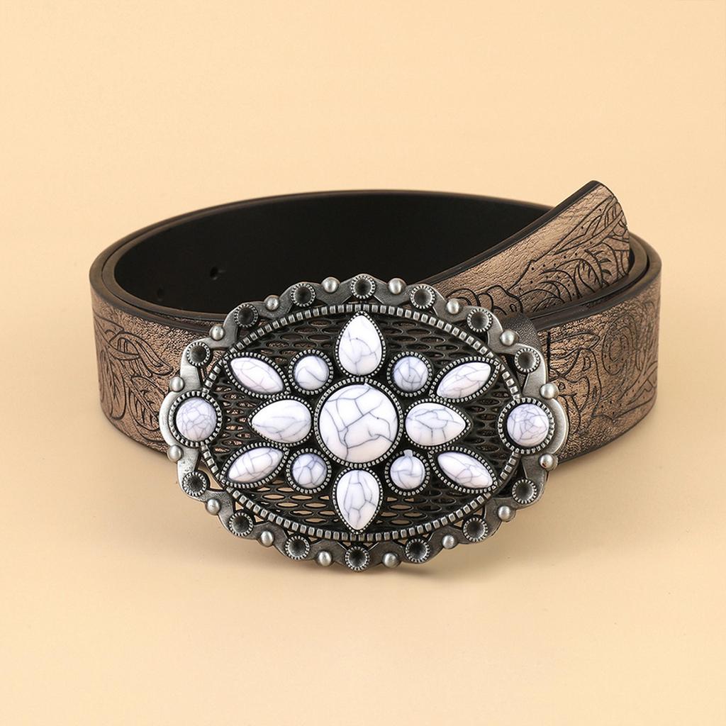 Cowboy Belt Vintage White Stone Buckle Belt Engraved Flower Belt Embossed Leather Belt Vintage Western Belt Jeans Belt