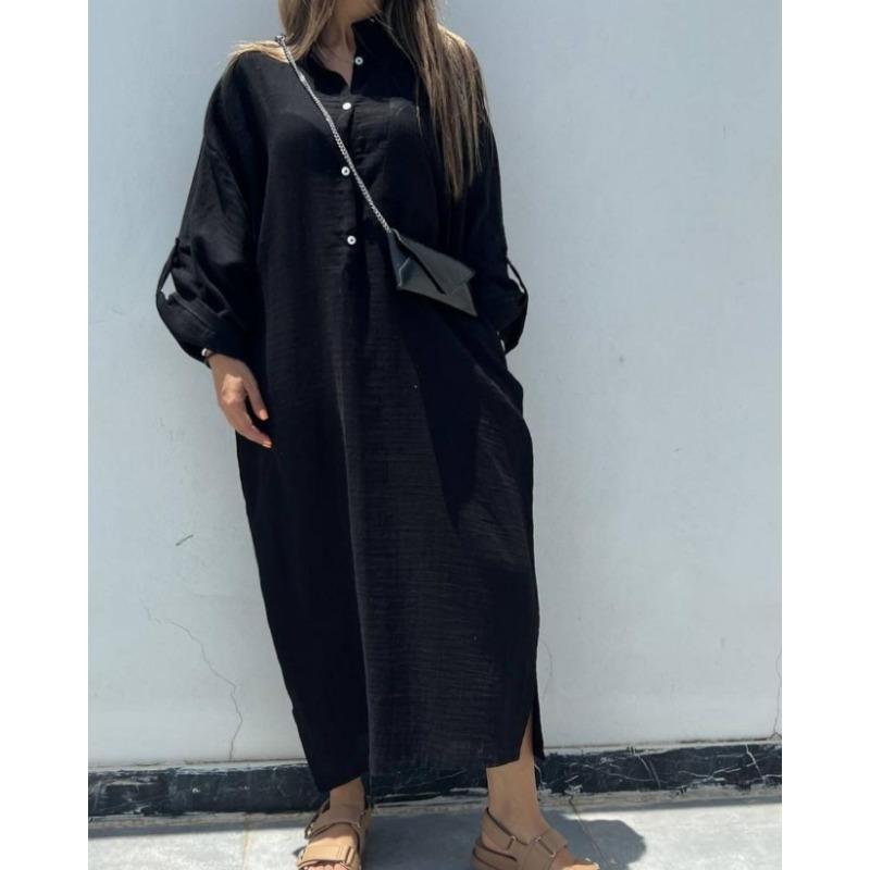 Винтажные женские летние хлопковые льняные длинные платья с воротником-рубашкой и закрученными пуговицами на каждый день