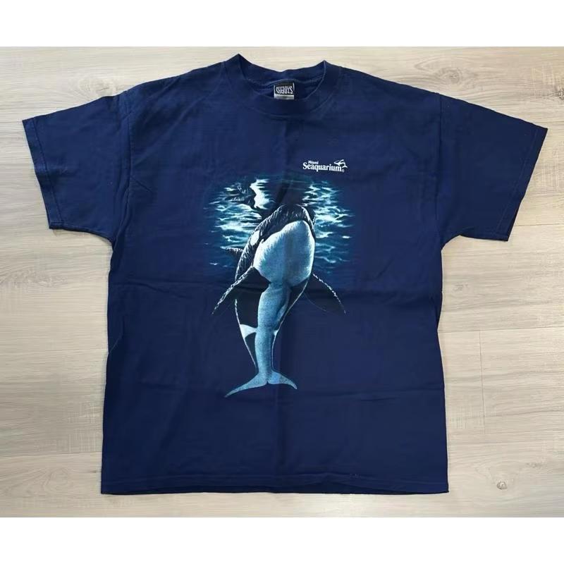 Vintage Miami Style Killer Whale Print T-Shirt Men's XL 90S Retro Summer Short Sleeve Cotton Casual Oversized Unisex Streetwear Round Neck Tee