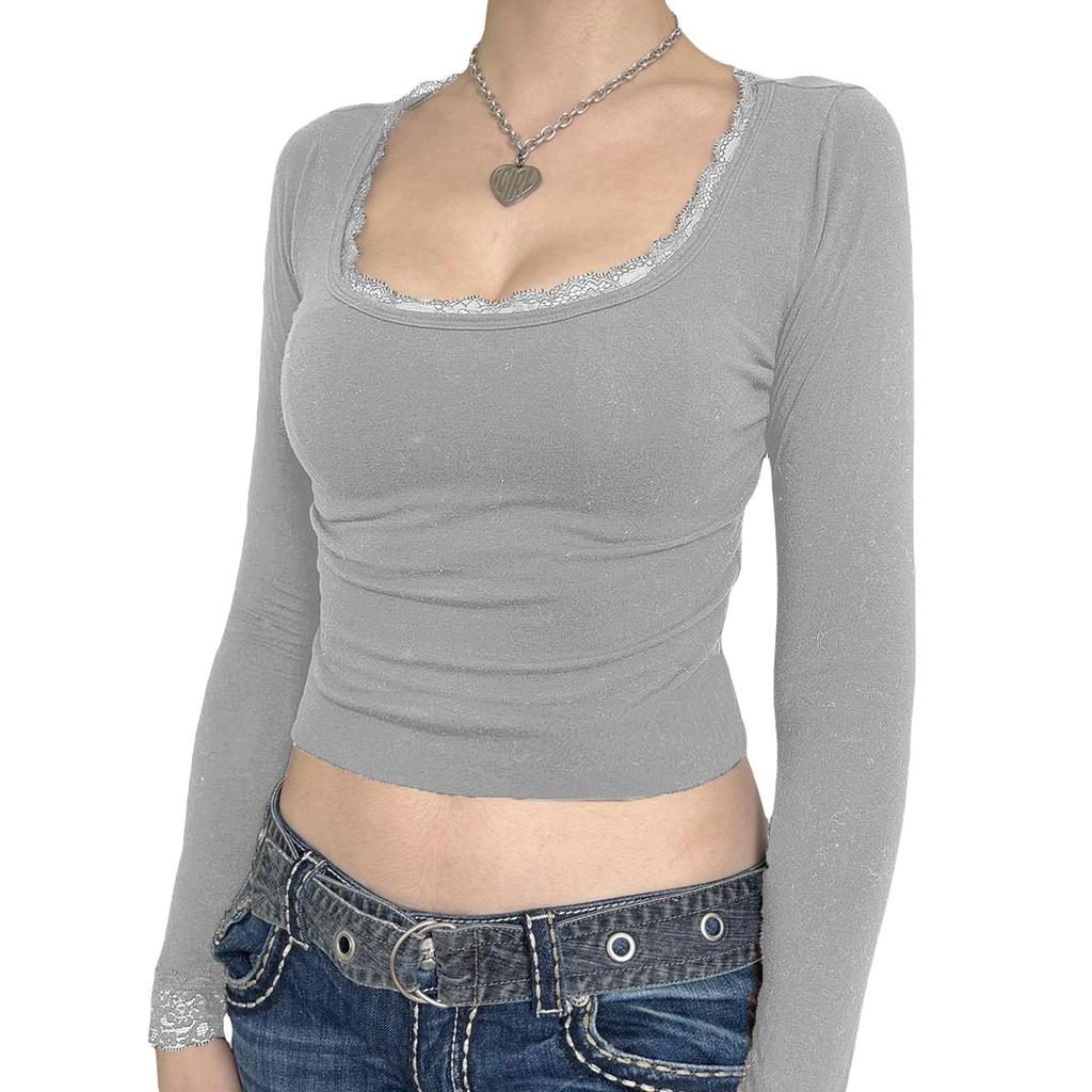 Женские короткие футболки с кружевной отделкой, рубашки с длинным рукавом и круглым вырезом, весенне-осенние облегающие топы, уличная одежда