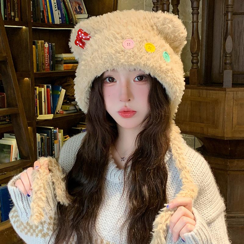 Capybara plush hat for women, autumn and winter, Japanese style, large head circumference, ear protection, knitted Lei Feng hat, cycling cold-proof