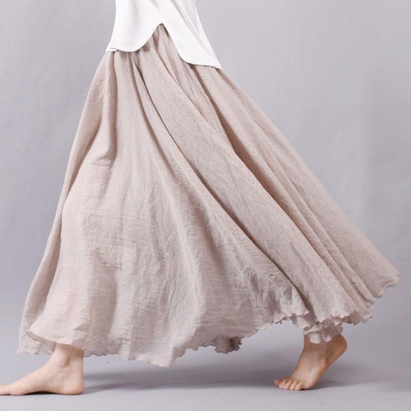Double Layer Cotton and Linen Skirt with Big Swing Solid Color