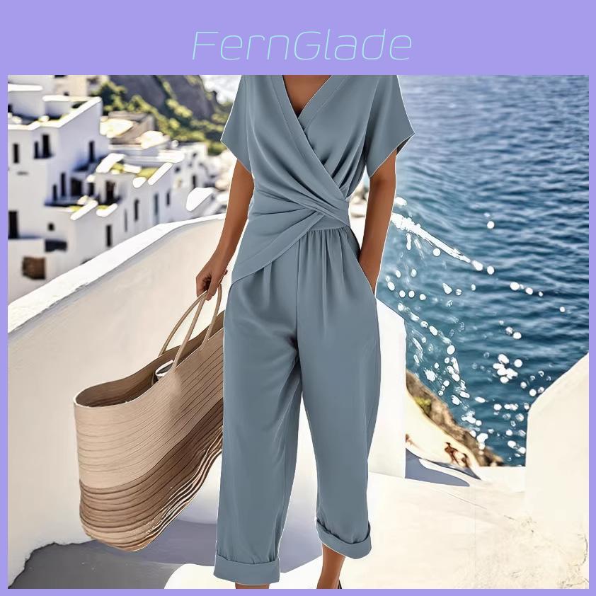 Summer Womens Pure Color Irregular Short Sleeve Suit With Pleated Pants For Casual Wear