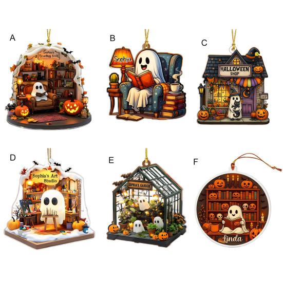 Cute Ghost Reading Book Ornament 2D Acrylic Ghost Pumpkin Window Hanging Decoration for Halloween Home Party Decor