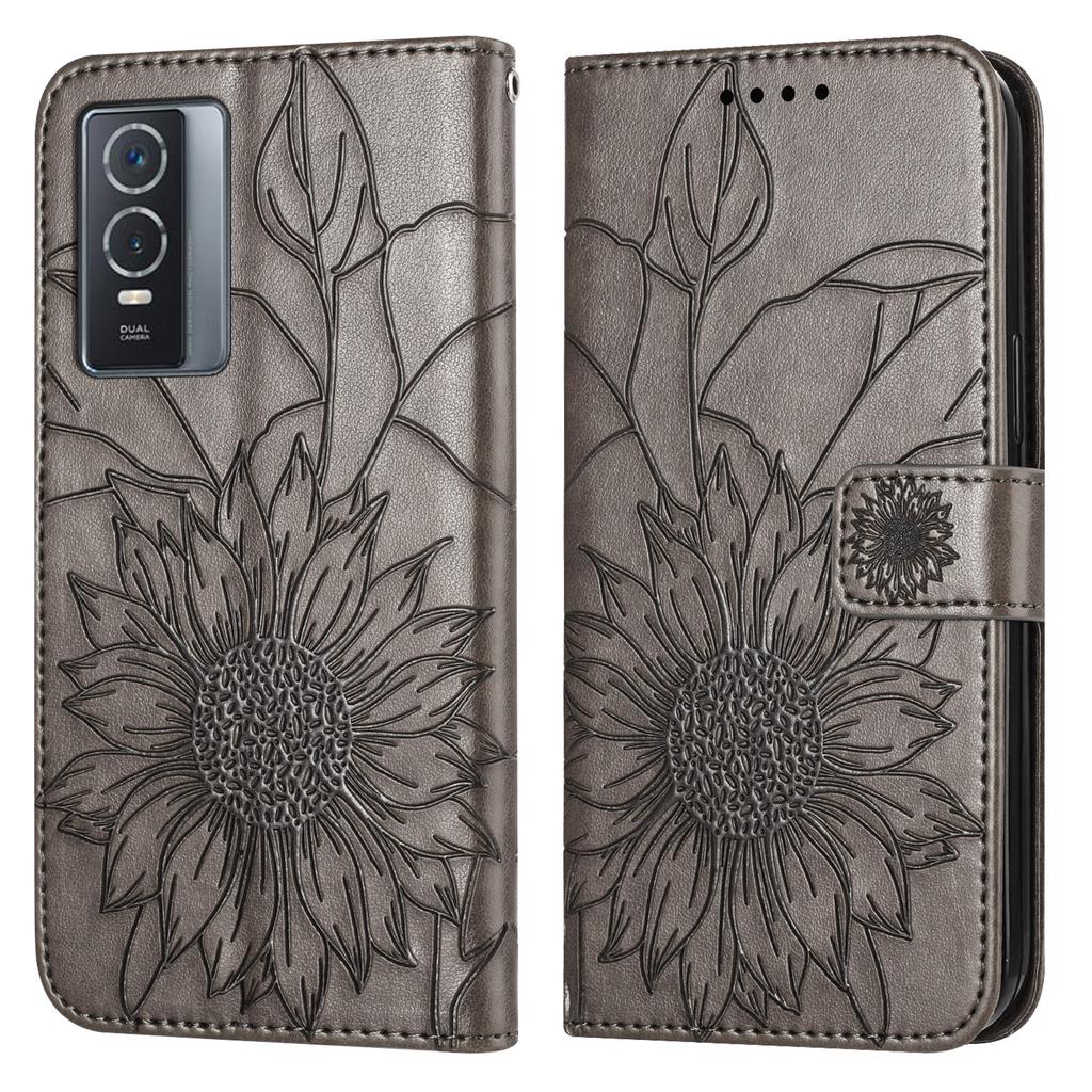 Защитный чехол из искусственной кожи с тиснением подсолнуха, держатель для магнитных карт, подставка, ремешок на запястье, флип-чехол для Vivo Y21 Y33S Y02S Y16 Y35 Y22S Y76