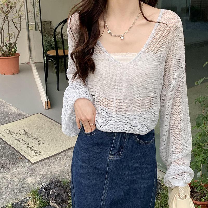 Полый свитер с длинными рукавами, нерегулярный тонкий дизайн, женский трикотажный топ с защитой от солнца, V-образный вырез, длинные рукава, свободный и ленивый
