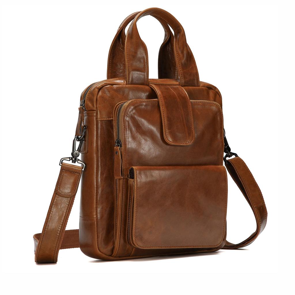 Genuine Leather Crossbody Messenger Bag - Men's Large Capacity Retro Vertical Handbag for Casual or Commute Use.