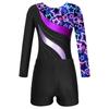 Girls Long Sleeve Round Neck Rhinestones Printed Patchwork Leotard V Front Waistband Shorts Dance Set