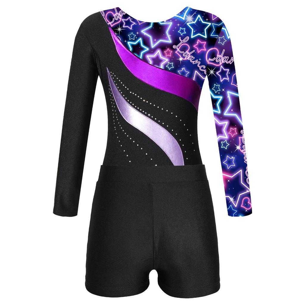 Girls Long Sleeve Round Neck Rhinestones Printed Patchwork Leotard V Front Waistband Shorts Dance Set