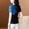 Summer 2025 Women's Fashionable Round Neck Printed Short Sleeve Slimming Mesh Top