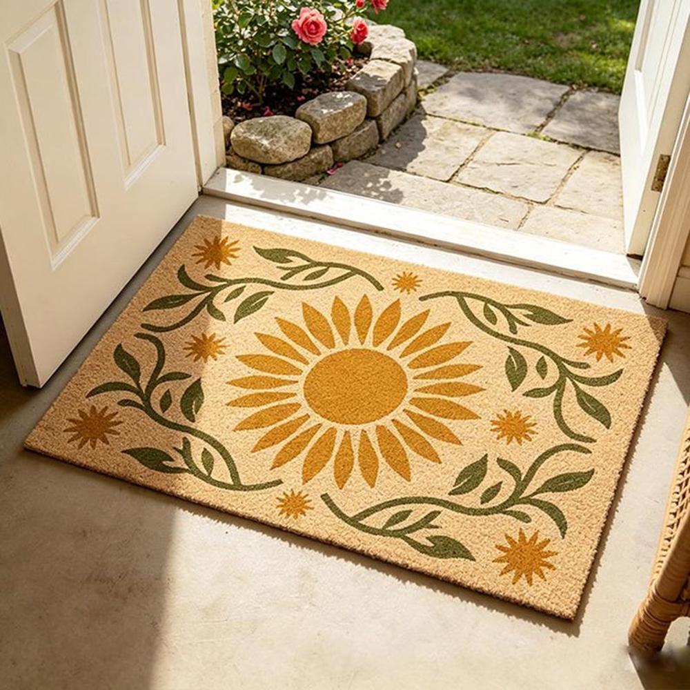 Boho Sunflower Floral Doormat Mustard Yellow Sun Entryway Welcome Mat Botanical Hallway Coconut Rug Durable Easy Clean Carpet