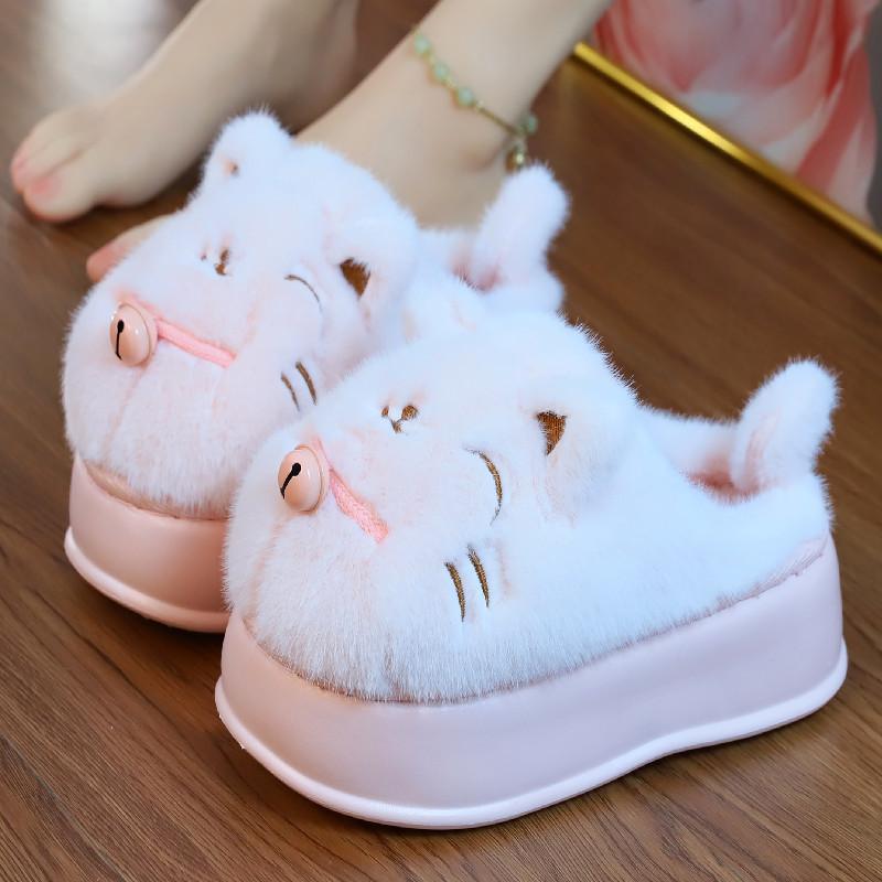 Новые пушистые тапочки с бантом для женщин, зимние теплые меховые шлепанцы, женские тапочки-облака, теплые плюшевые тапочки для девочек-подростков на платформе, домашняя обувь