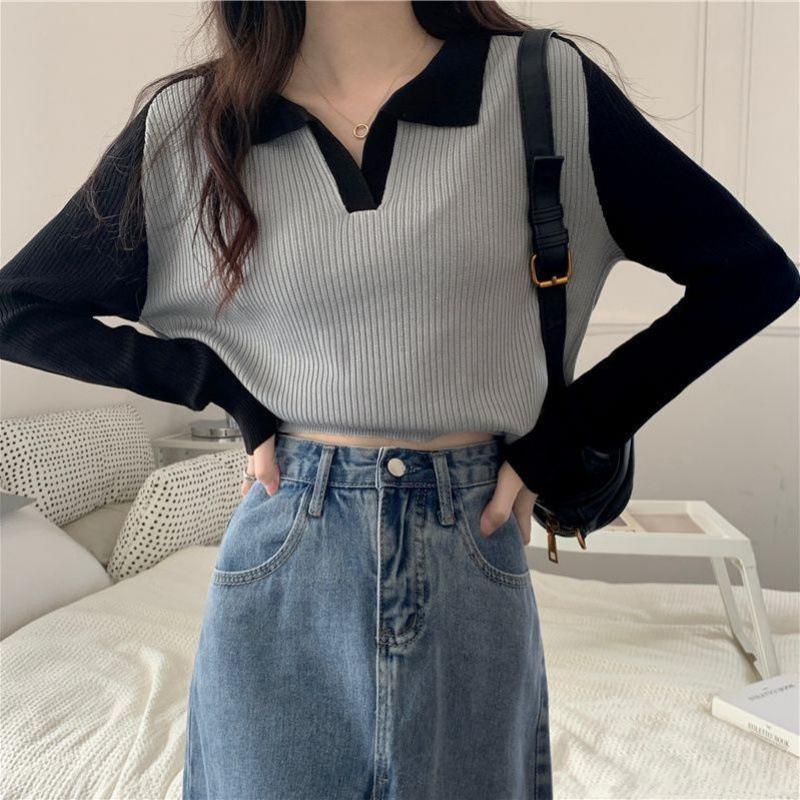 Цветной вязаный свитер с воротником на весну, свободный и приталенный крой, стильный топ с длинными рукавами