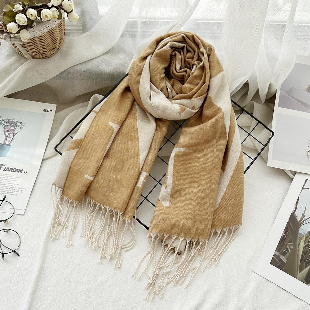 Autumn and Winter Wool Scarf Women's New Imitation Cashmere Letter V Warm Scarf Korean Style Versatile Long Tassel Shawl