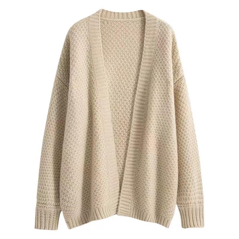 Elegant Loose Long Sleeve Thick Knitted Cardigan Women Autumn Winter Soft Solid Color Sweater Korean