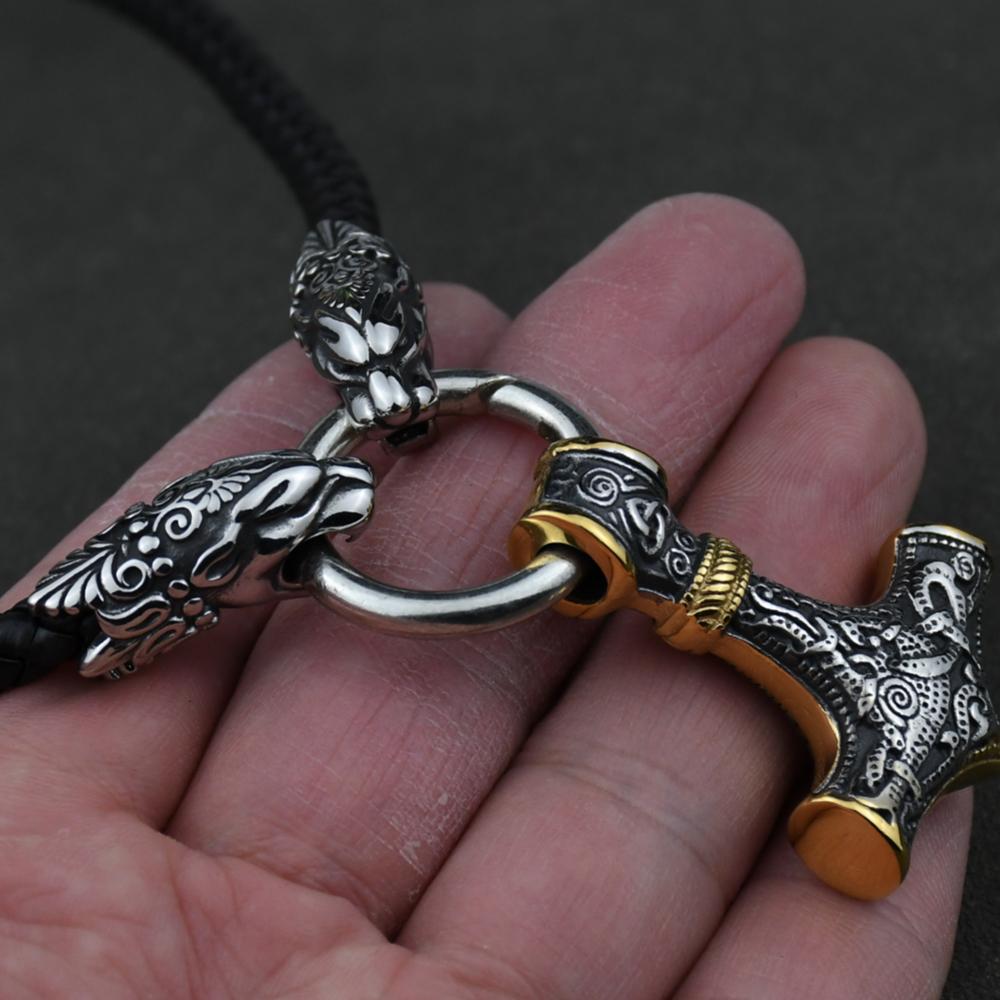 Men stainless steel Wolf head Norse Viking amulet Thor hammer pendant necklace with leather chain