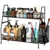 Double Layer Storage Rack with Side Storage Basket Hollow Mesh Iron Detachable Stable Anti-skid