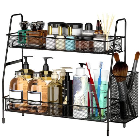 Double Layer Storage Rack with Side Storage Basket Hollow Mesh Iron Detachable Stable Anti-skid