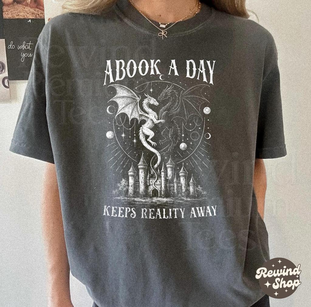 A Book A Day Keeps Reality Away Graphic Tee - Fantasy Dragon Book Lover Gift -Gothic Grunge Castle Top