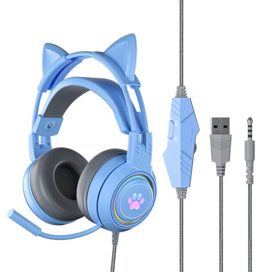 SY-G25 Wired Headphone RGB Lighting Omni-directional Mic Over-Ear Computer Headphone with Cute Cat Ear for E-sport