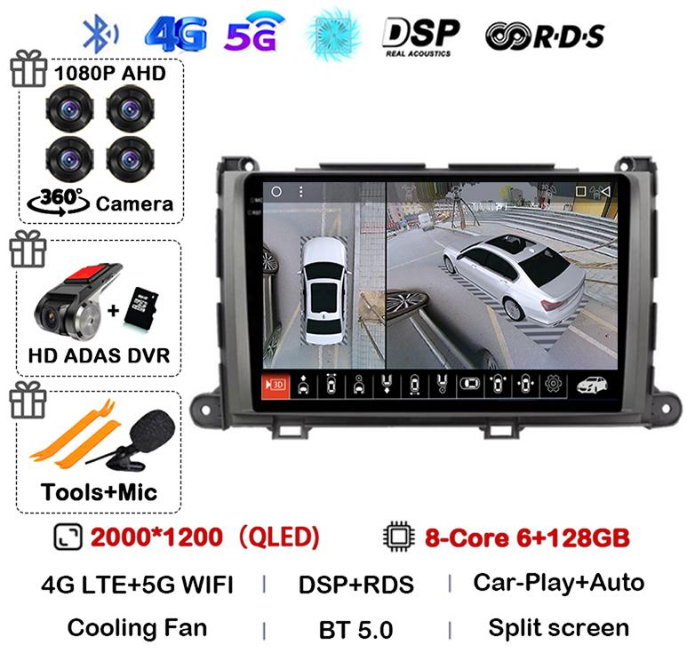 Android 14 Carplay автомобильный радиоплеер для Toyota Sienna 2009 2010 2011 2012 2013 2014 2Din мультимедиа Автомагнитола Навигация GPS DSP