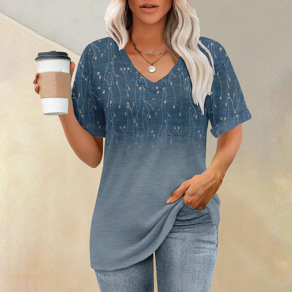 Футболка с коротким рукавом и V-образным вырезом с принтом растений