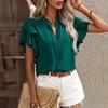 Women Casual Shirt V-neck Ruffle Short Sleeve Pullover Tops Solid Color Loose Fit Blouse