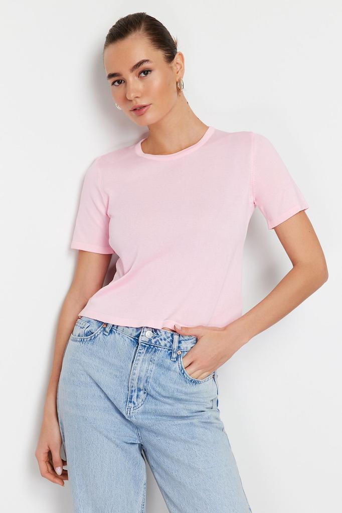 Женская мода, новый свитер, розовая трикотажная футболка с круглым вырезом