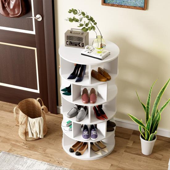 Shoe Rack Rotatable Angle White Finish Round 5 Tiers Stable Base Large Capacity Wooden Shoes Storage Stand Home