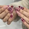 24 шт. Розовые накладные ногти Арт Леопардовый принт Французский Длинные Миндальные Наконечники для ногтей Готовые Носимые Бант Вишня Дизайн Набор накладных ногтей