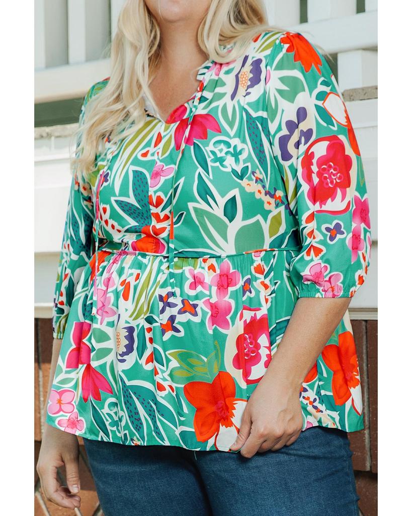 Azura Exchange Блузка с цветочным принтом и разрезом на шее, многоцветная, размер плюс