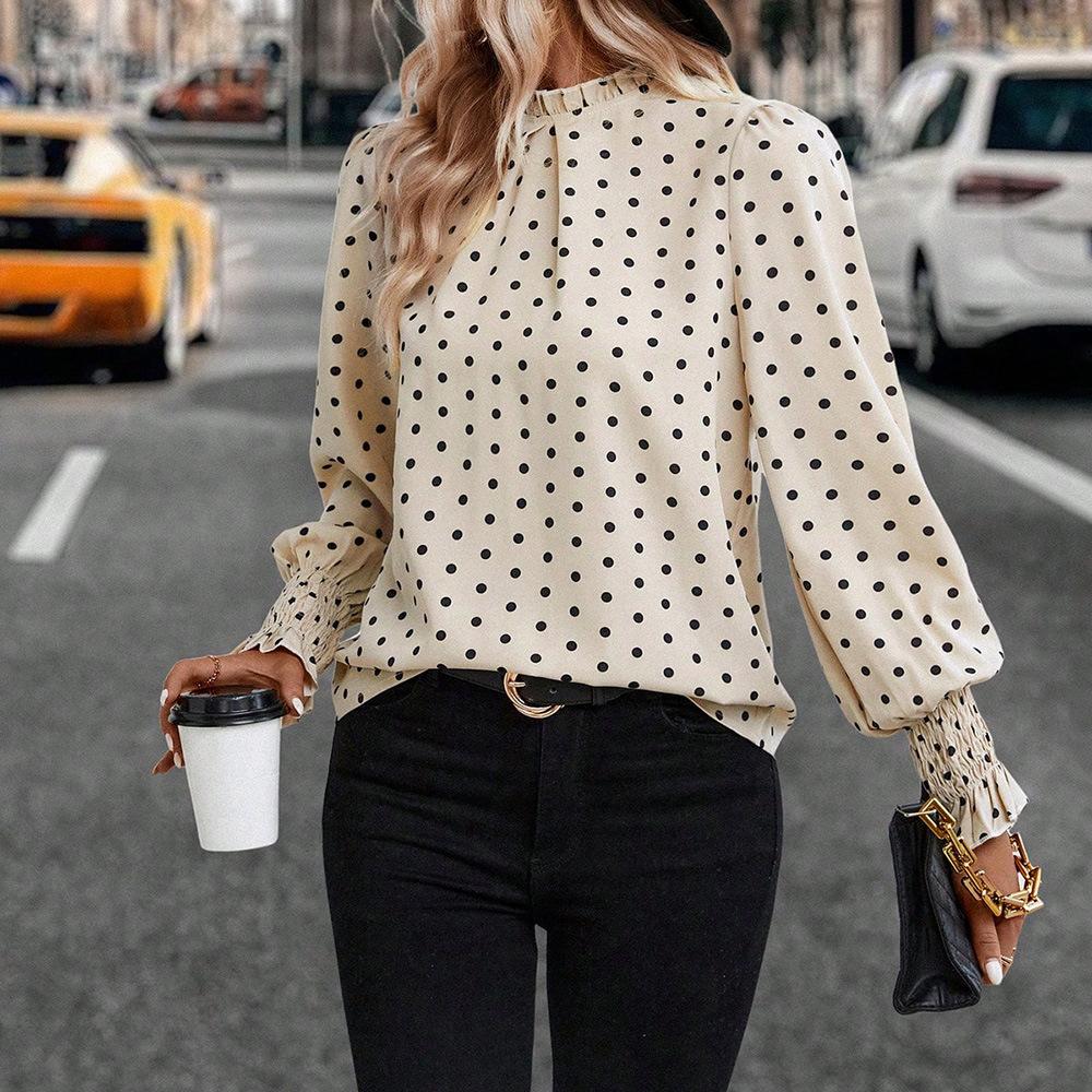 European and American women's clothing spring and autumn 1116 new printed pullover short polka dot long-sleeved top