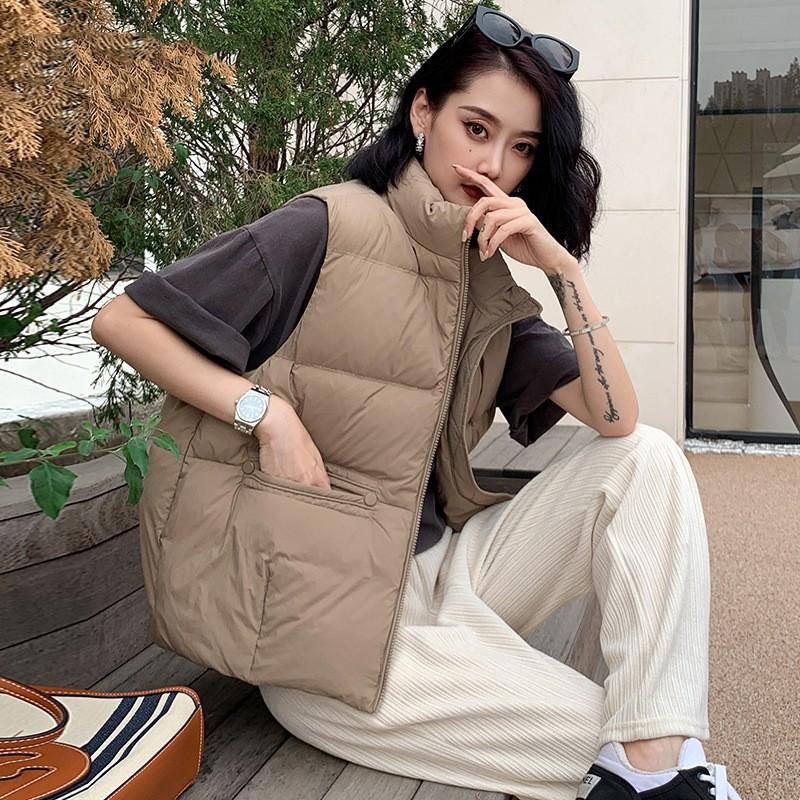 Womens Stand Collar Down Vest Lightweight Warm Fashion Outerwear White Duck Sleeveless Jacket