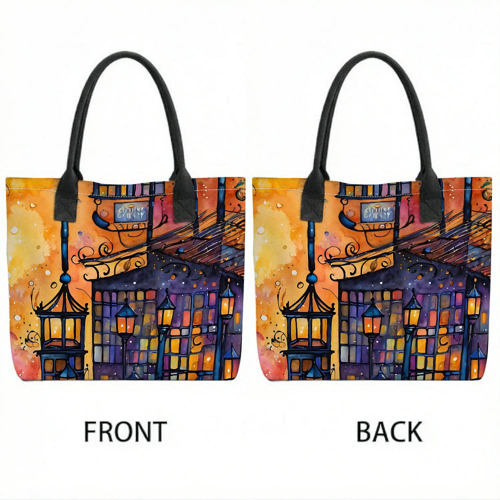 Fashion Watercolor City Print Tote Bag Casual Large Capacity Daily Carry Handbag