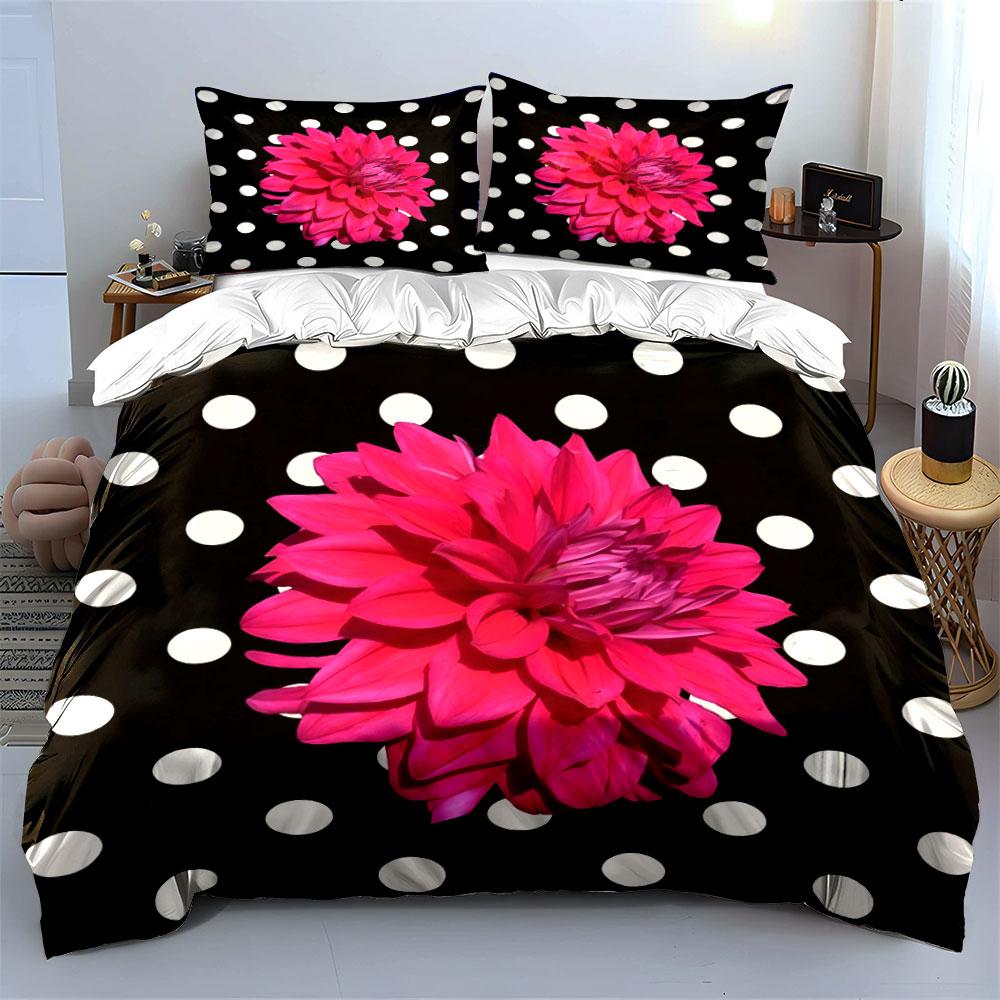 "Floral Polka Dot Three-Piece Decor" Bedding Set with 1 Duvet Cover 2 Pillowcases Single Double King Queen, Gift
