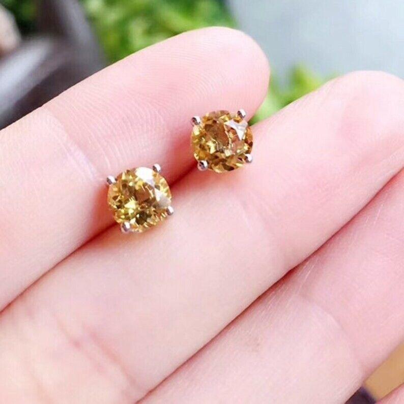 Серьги-гвоздики с натуральным цитрином, серебро 925 пробы, серьги-гвоздики с цитрином