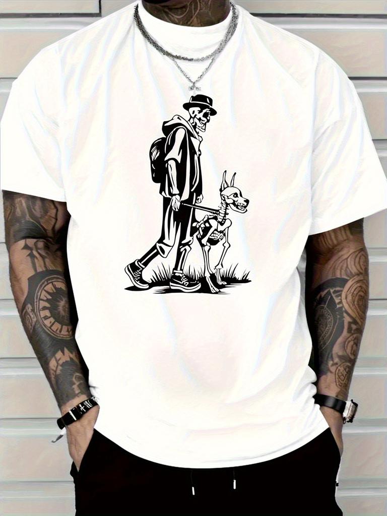 Mens Cotton TShirt Casual Crew Neck Short Sleeve TShirt with Man and Dog Walking Graphic Print Machine Wash