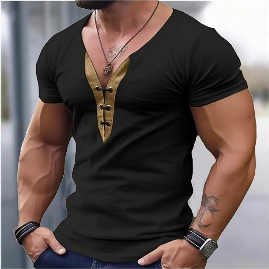 Summer Men's Tee V-neck Color Matching Short Sleeve T-shirt Youth Slim Fit Sports Fitness Men Top
