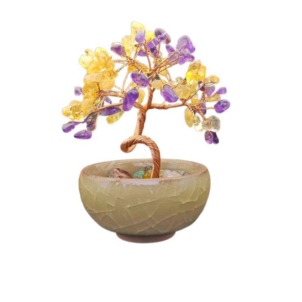 Керамическая основа Дерево из натуральных кристаллов Позитивная энергия Удача Фигурка Дерево богатства из драгоценных камней Дом
