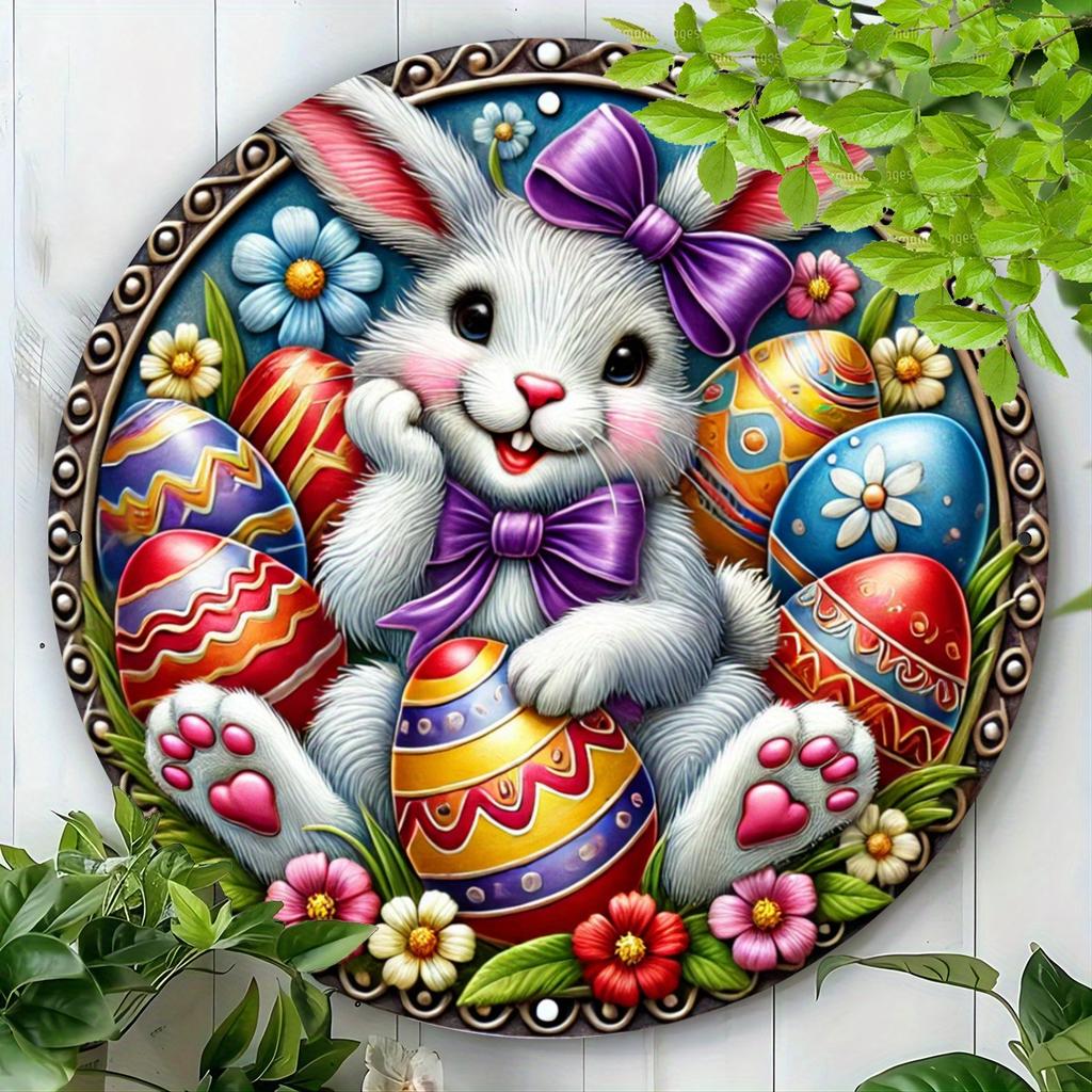 Wooden Vintage Easter Wreath Tin Sign - Round, Nostalgic Wall Decor for Door, Wall, Home, Room, Farmhouse, Street, Shop, Garage, Garden, and Coffee